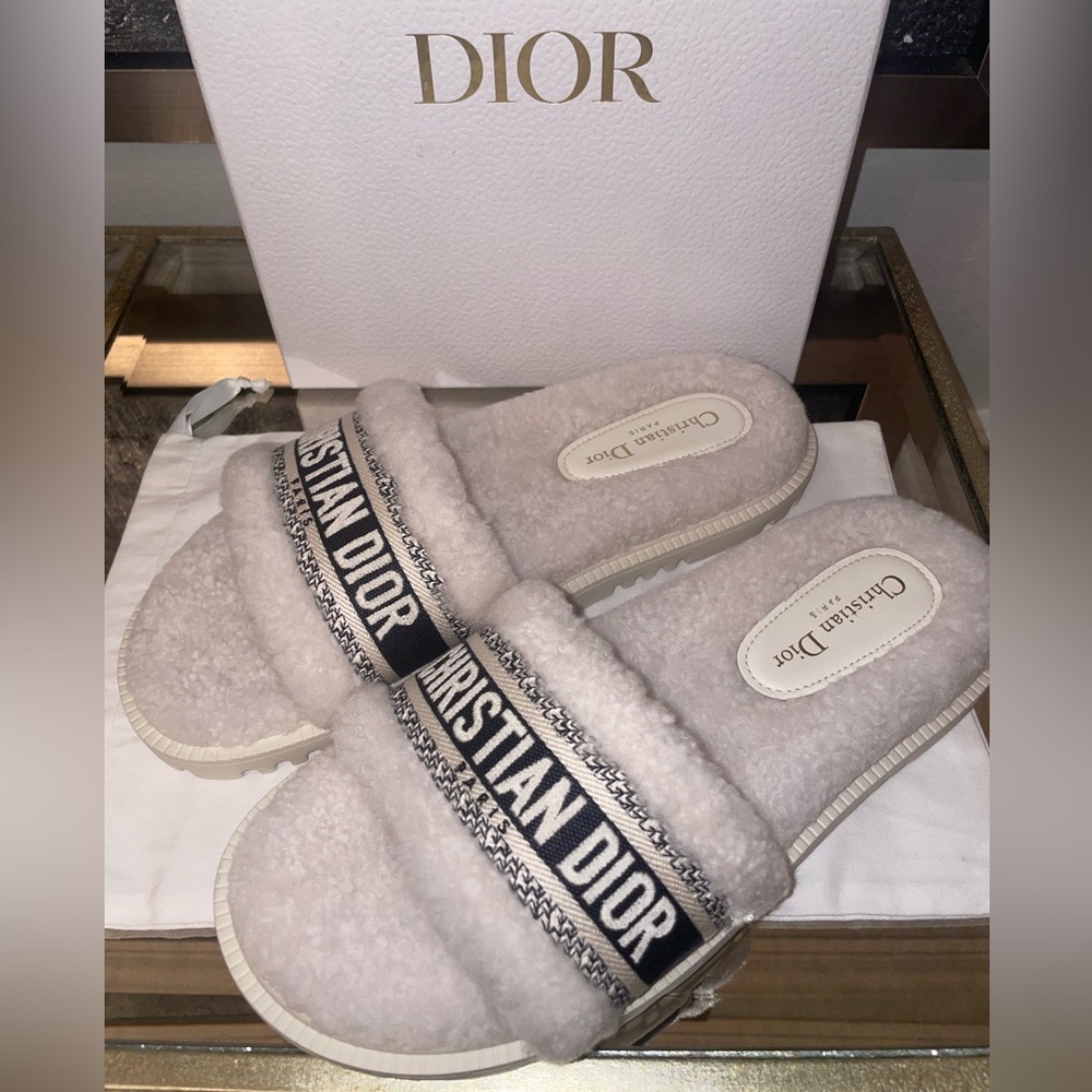 Christian Dior Dway White Shearling Fur Logo Chunky Slide Flat Sandal